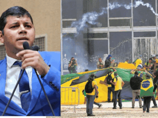 Foto dividida em duas partes: à esquerda, o deputado estadual Diego Castro (PL-BA) fala ao microfone em plenário; à direita, manifestantes vestidos de verde e amarelo participam dos atos de 8 de janeiro em Brasília, em frente a um prédio público.