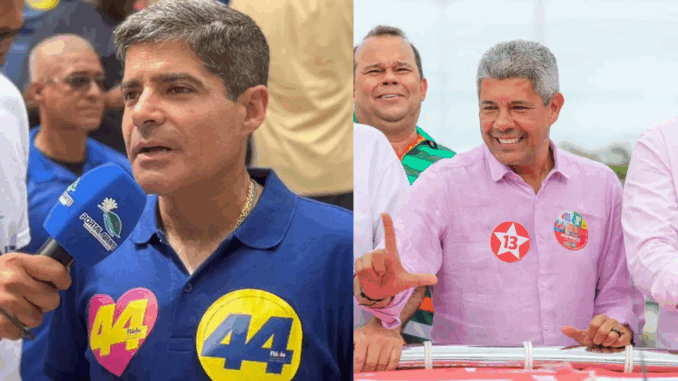 Disputa eleitoral na Bahia: Jerônimo Rodrigues x ACM Neto Jerônimo Rodrigues e ACM Neto lado a lado em montagem fotográfica, representando os principais concorrentes ao governo da Bahia em 2026 segundo pesquisa.