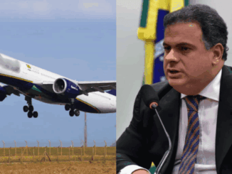Montagem com avião em voo e o deputado João Bacelar falando em audiência pública sobre companhias aéreas.