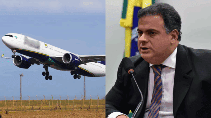 Montagem com avião em voo e o deputado João Bacelar falando em audiência pública sobre companhias aéreas.