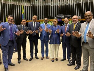 Grupo de parlamentares do Republicanos Bahia posa sorridente no plenário da Câmara dos Deputados, com as mãos levantadas simbolizando os 20 anos do partido.