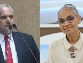 Deputado discursa na Assembleia Legislativa da Bahia e ministra Marina Silva sorri em evento.