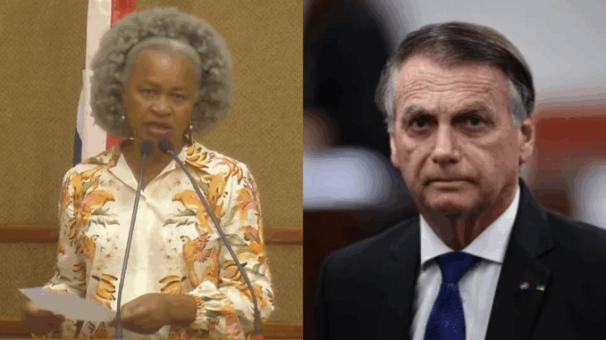Montagem mostra a deputada Olívia Santana discursando na Assembleia Legislativa da Bahia ao lado do ex-presidente Jair Bolsonaro em evento oficial.