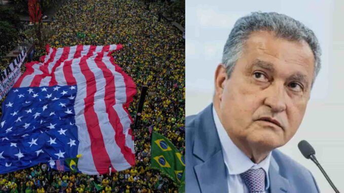 Rui Costa critica uso de bandeira dos EUA em ato do 7 de Setembro Manifestação na Avenida Paulista com uma grande bandeira dos Estados Unidos ao lado de bandeiras do Brasil e, ao lado, o ministro Rui Costa em coletiva.