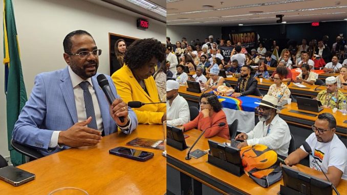 Deputado Márcio Marinho participa da instalação da comissão da PEC da Igualdade Racial Deputado Márcio Marinho fala ao microfone durante reunião na Câmara dos Deputados, ao lado de parlamentares e lideranças do movimento negro.