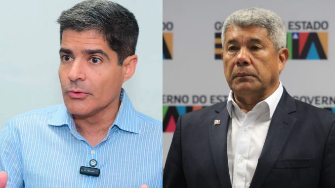 ACM Neto e Jerônimo Rodrigues lado a lado em montagem, simbolizando a disputa eleitoral pelo governo da Bahia.