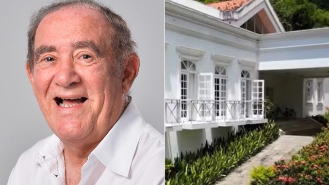 Vista externa de uma grande propriedade de luxo com jardins e estrutura imponente.